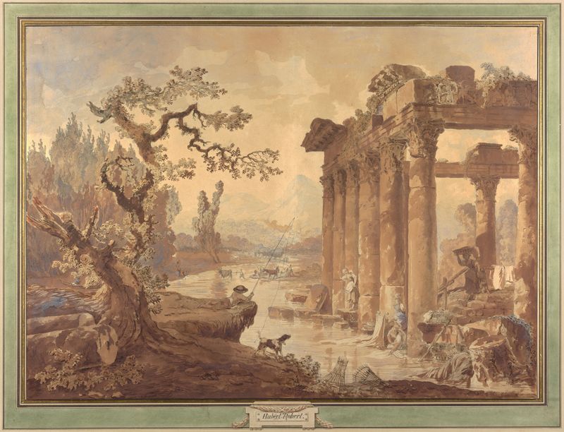 Paisagem com Ruínas de Hubert Robert, óleo sobre tela mostrando colunas sob um céu azul.