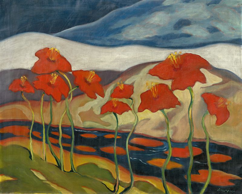 Landscape with Flowers, óleo sobre lienzo de Zolo Palugyay, con colores vibrantes y motivos florales.