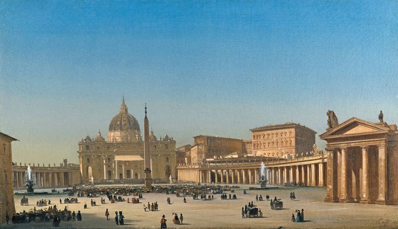 La Bendición de Pío IX en la Plaza de San Pedro, Roma de Ippolito Caffi, óleo que muestra una congregación al atardecer.