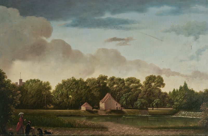 Oil painting by Thomas Bremond of a gentleman sketching by a weir with a lady and two dogs.