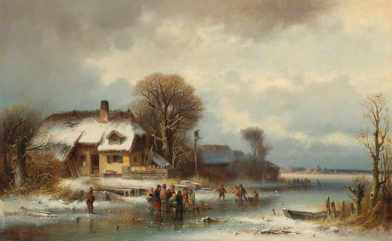 Winter landscape with ice skaters, oil painting by Anton Doll