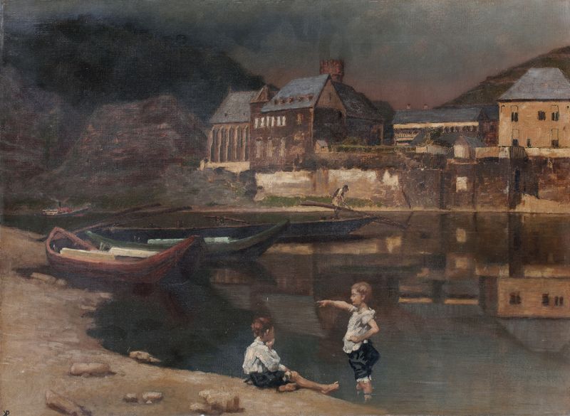 River Scenery by Carl Freiherr von Pidoll zu Quintenbach, oil painting depicting a river at twilight.