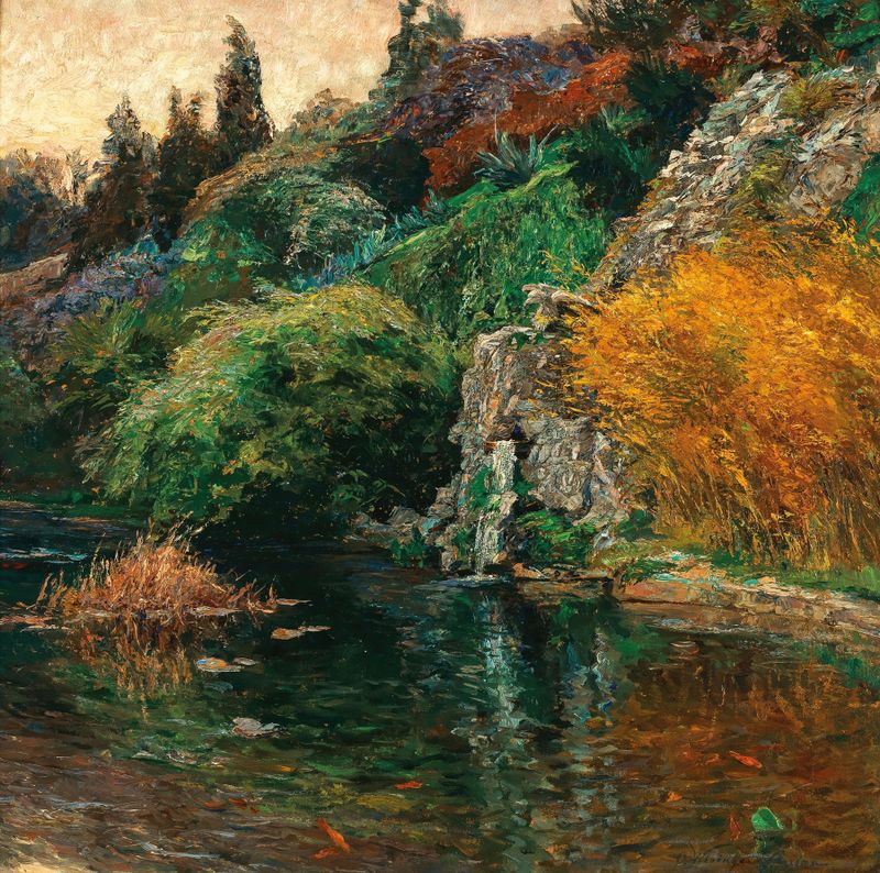 Paisagem ao crepúsculo com árvores e céu colorido de Olga Wisinger-Florian, meio desconhecido