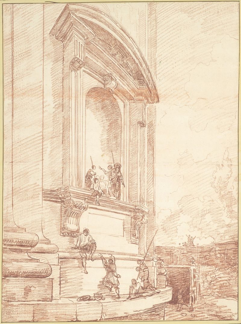 Figures in One of Michelangelo’s Niches on the Apse of St. Peter’s de Hubert Robert, óleo sobre lienzo