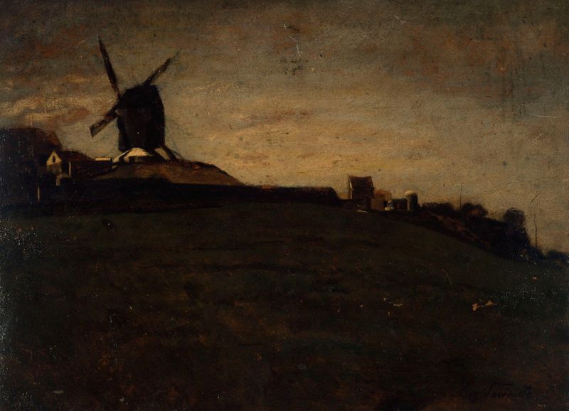 Vue de Montmartre by Eugène Lavieill, oil on canvas depicting rooftops and streets under sunlight.