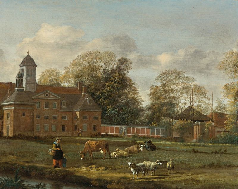 View Of Goudestein with a woman and child beside a dyke, Jan van der Heyden, oil painting