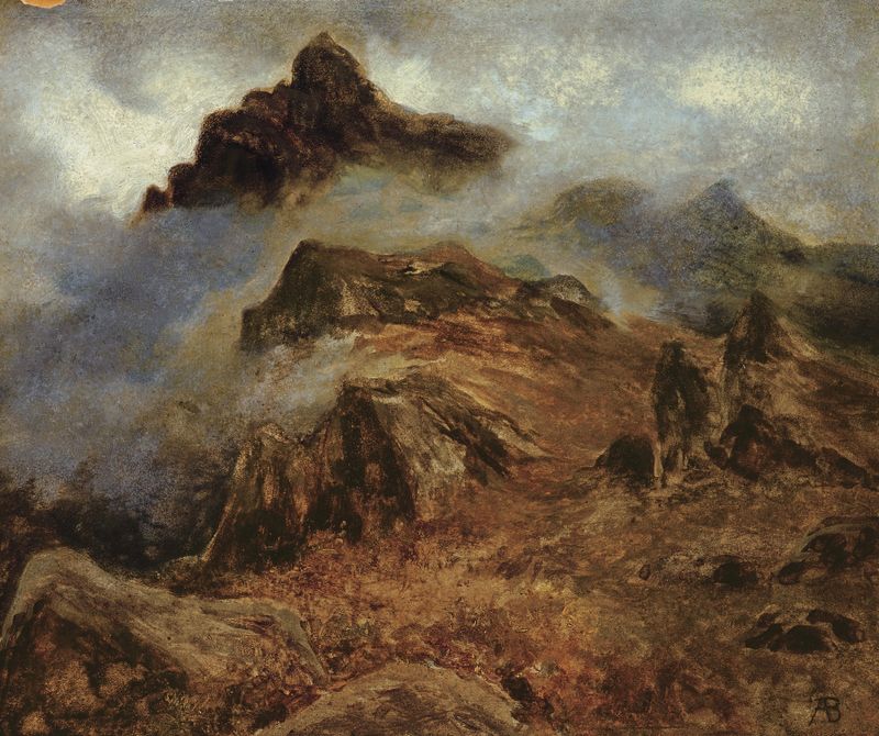 Estudo das Montanhas Rochosas de Albert Bierstadt, pintura a óleo que retrata majestosas montanhas sob luz e sombra.