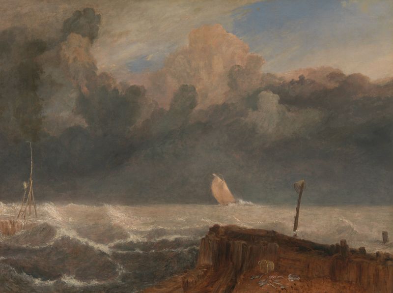 Port Ruysdael de Joseph Mallord William Turner, pintura al óleo que representa un paisaje marino tranquilo.