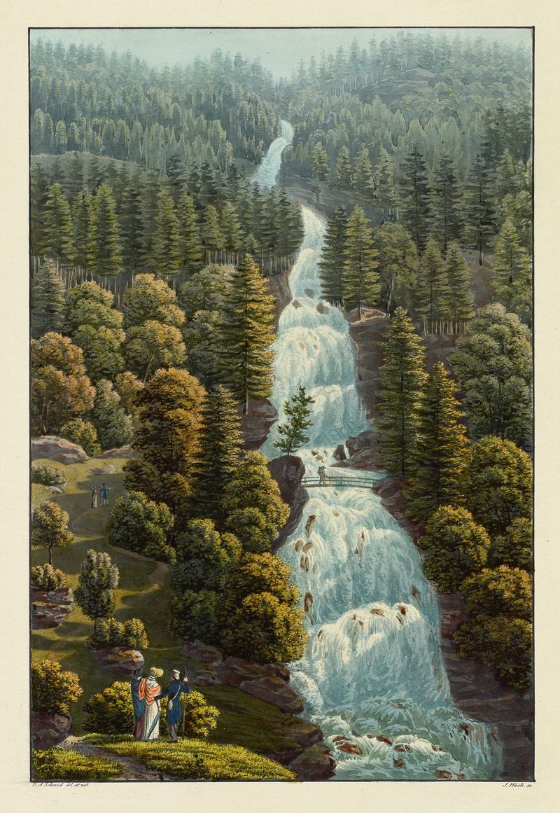 Waterfall cascading down a rocky cliff, oil painting by David Alois Schmid