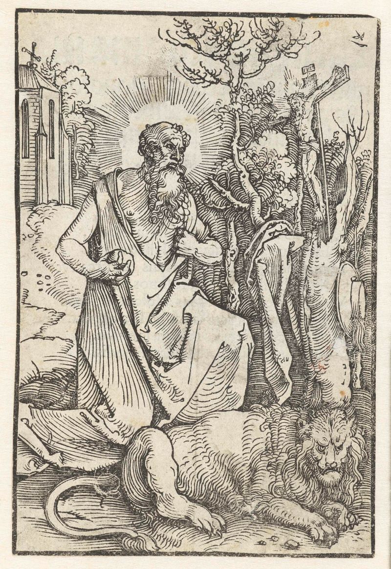 Grabado de San Jerónimo por Albrecht Dürer, mostrando luz y sombra.