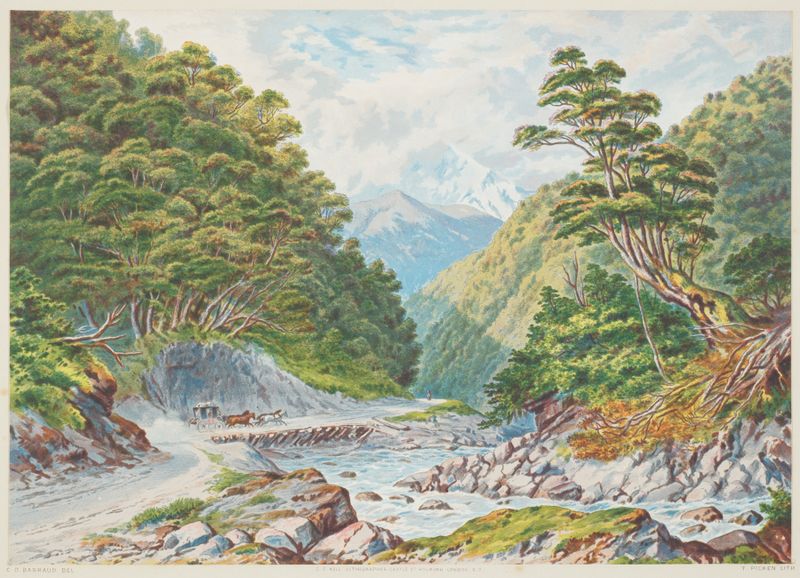 Otira Gorge landscape by Charles Decimus Barraud, 1877, depicting cliffs and river.