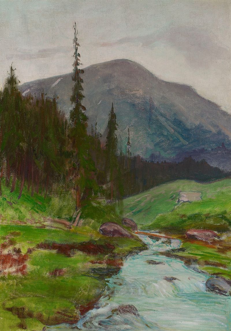 Paisagem de montanha de Władysław Ślewiński, óleo mostrando colinas e picos distantes.