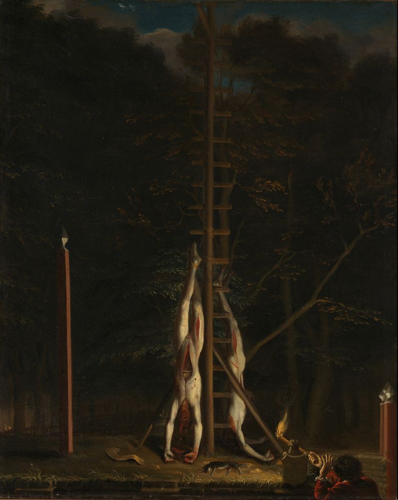 Cuerpos desnudos y desollados de Johan y Cornelis de Witt, óleo sobre lienzo de Jan de Baen