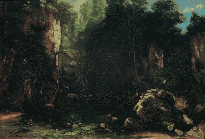 Der Schattige Bach de Gustave Courbet, óleo que retrata um riacho tranquilo em uma floresta