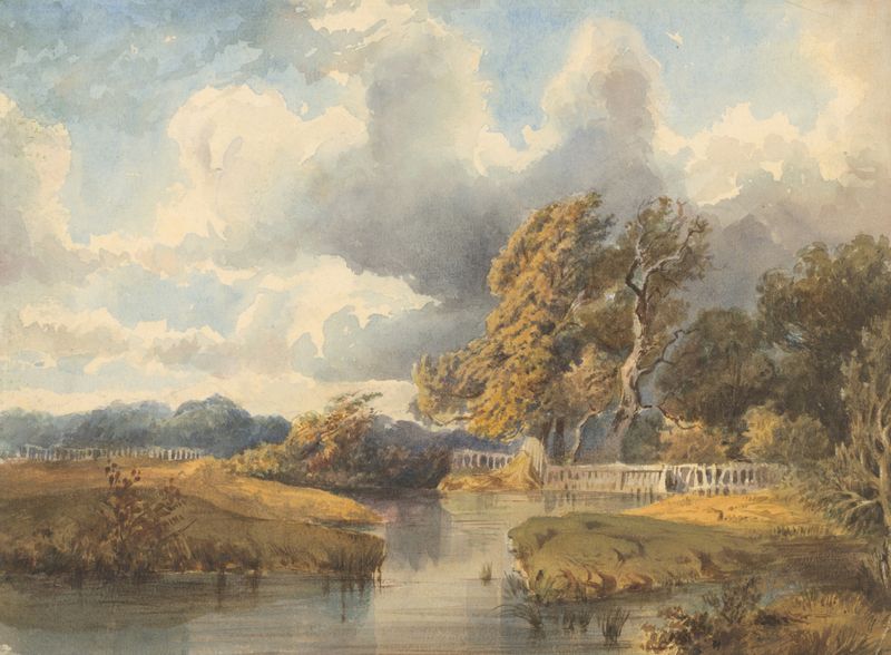 Lago en un parque suizo de Ladislav Mednyánszky, óleo sobre lienzo que representa un lago tranquilo y árboles.