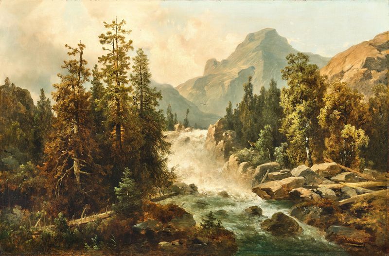 Uma paisagem montanhosa com um torrente, óleo sobre tela de Josef Thoma