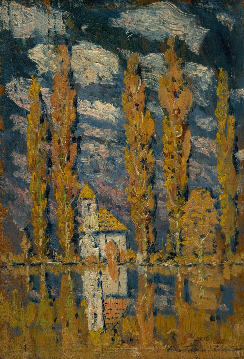 Landscape of poplars by the water, oil painting by Ferdinand Katona