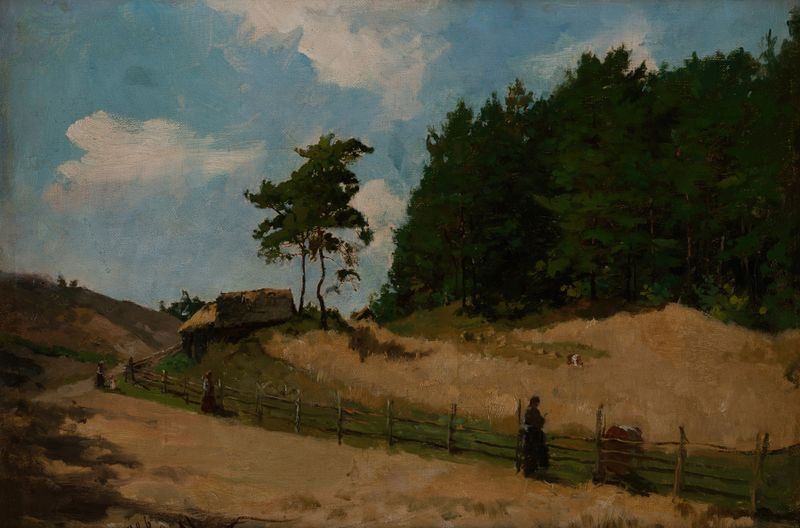 Paisaje de Kazimierz Alchimowicz, óleo sobre lienzo, con colinas onduladas y un arroyo bajo un cielo nublado.