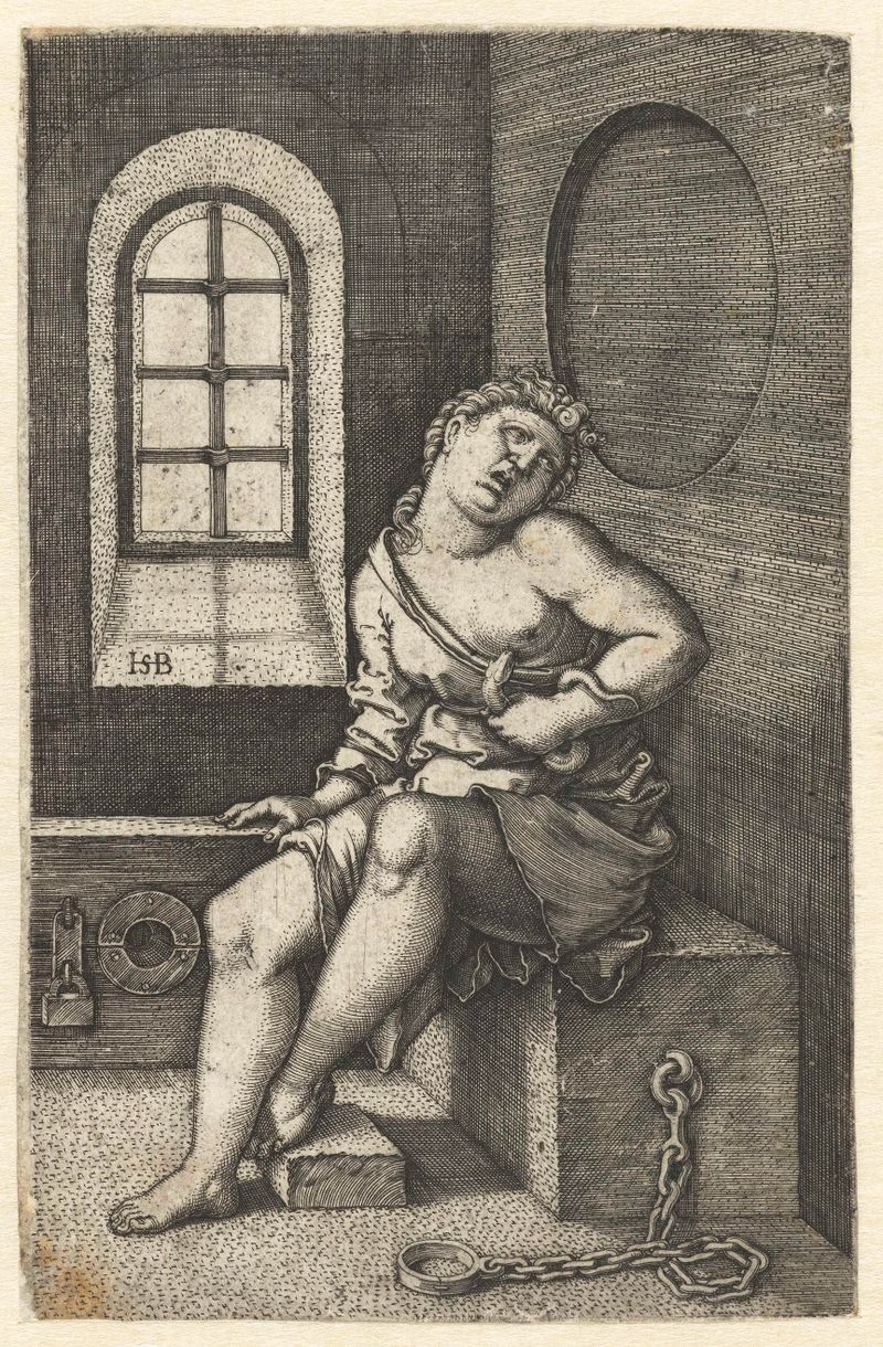 Grabado de Hans Sebald Beham que representa la forma sin vida de Cleopatra.