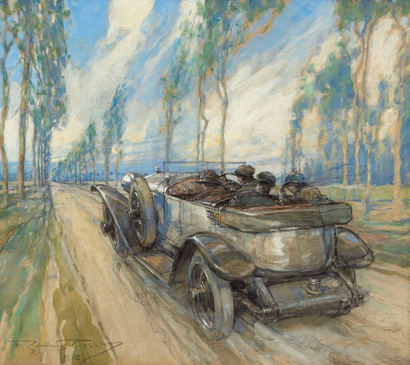 Un Hispano-Suiza en una avenida de cipreses, óleo sobre lienzo de Frederick Gordon Crosby