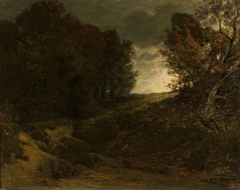 Forest landscape with a creek, oil on canvas by Ludwig Willroider