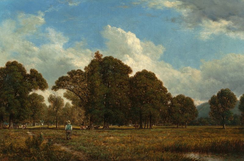 A Farm on the Genesee River by David Johnson, oil on canvas depicting a serene landscape with hills and fields.