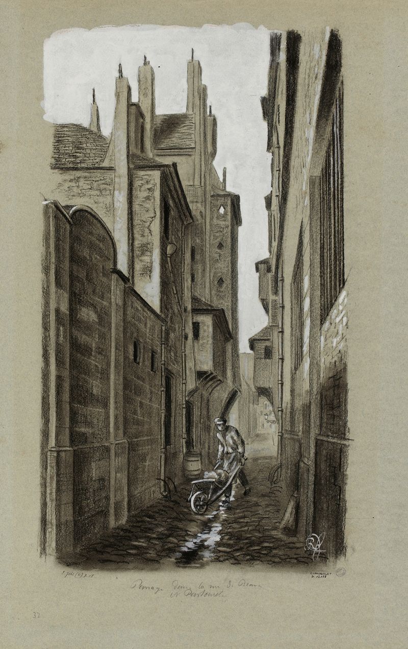 Oil on canvas by Robert Frémont depicting a narrow path between historic facades.