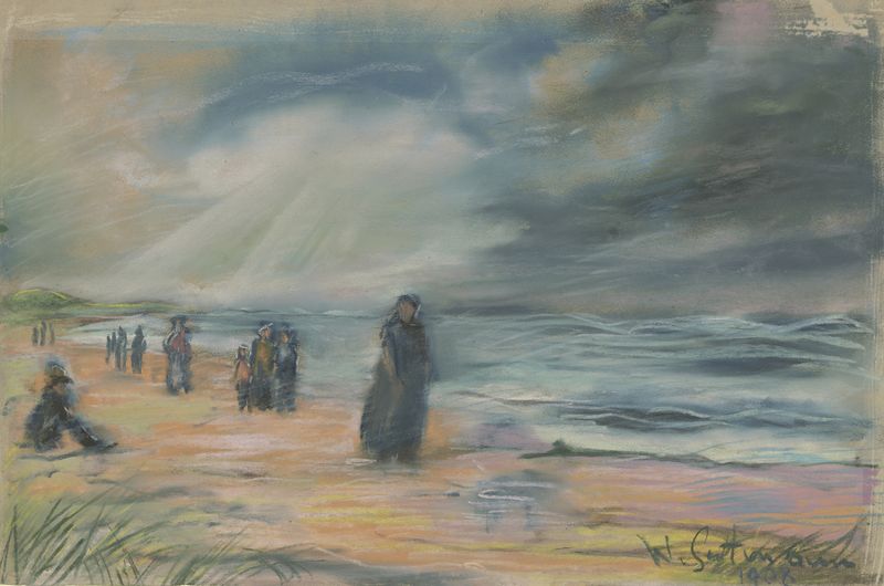Stroller at the beach by Wilhelm Gutmann, Impressionism, depicting a sunny beach scene