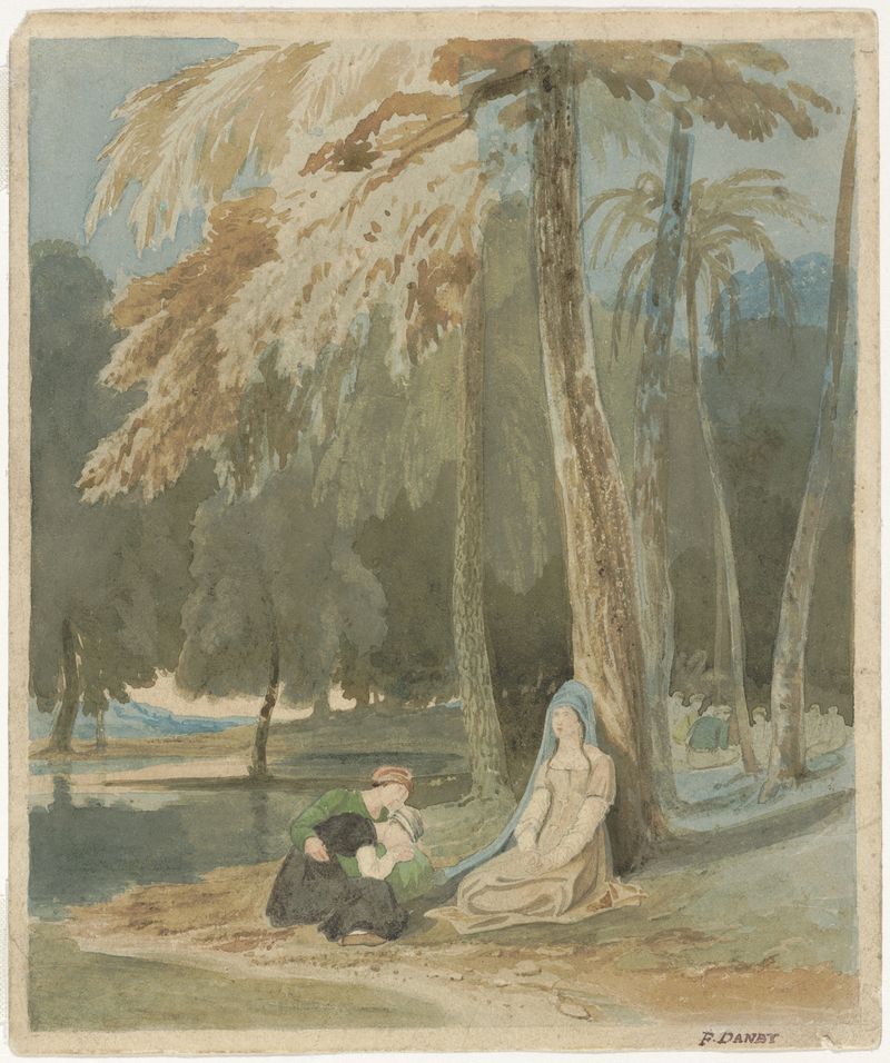 Três mulheres à beira de um lago arborizado, pintura a óleo de Francis Danby