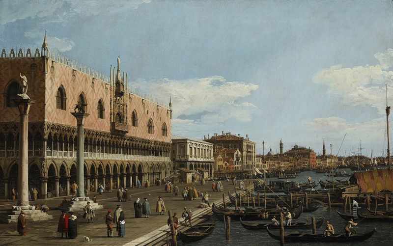 Óleo rococó de Canaletto que muestra góndolas en las aguas de Venecia.