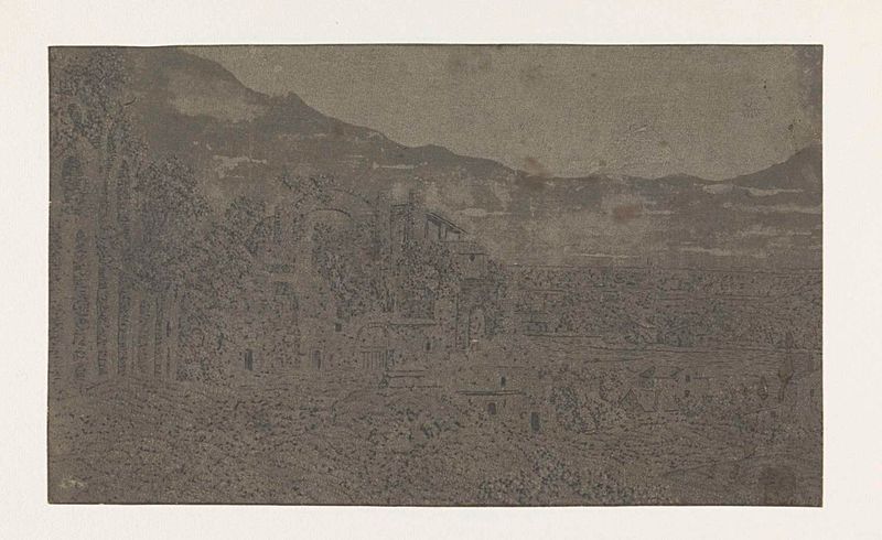 Gravura de Hercules Segers retratando ruínas romanas e uma cidade distante