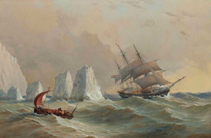 Oil painting by Charles Gregory depicting a ship with sails on the sea under a luminous sky.