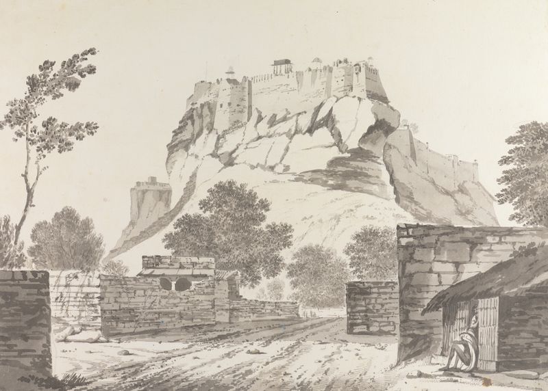 Desenho original de William Hodges representando uma paisagem de rio tranquila.
