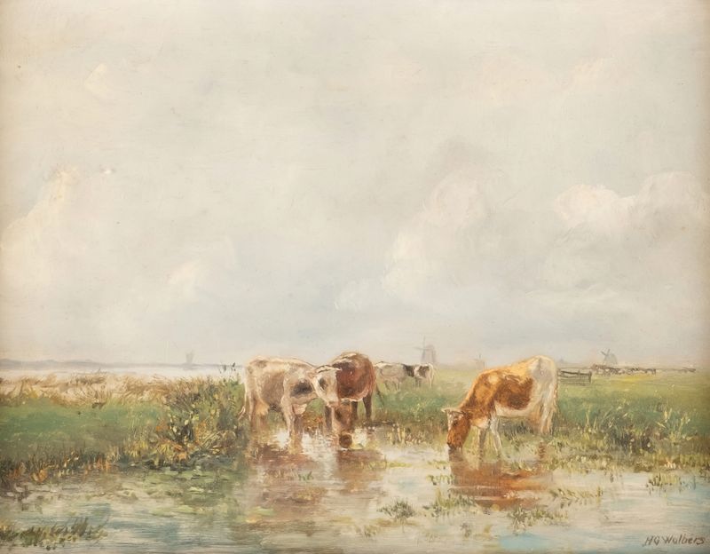 Cows in Shallow de Hermanus Gerhardus Wolbers, impressionismo, retrata vacas refletidas na água