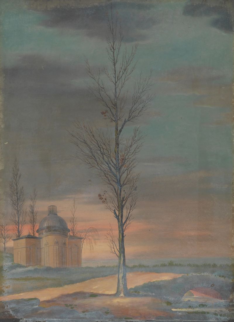 Paisagem de Eugène Joseph Verboeckhoven, óleo sobre tela, com um horizonte sereno e nuvens suaves.