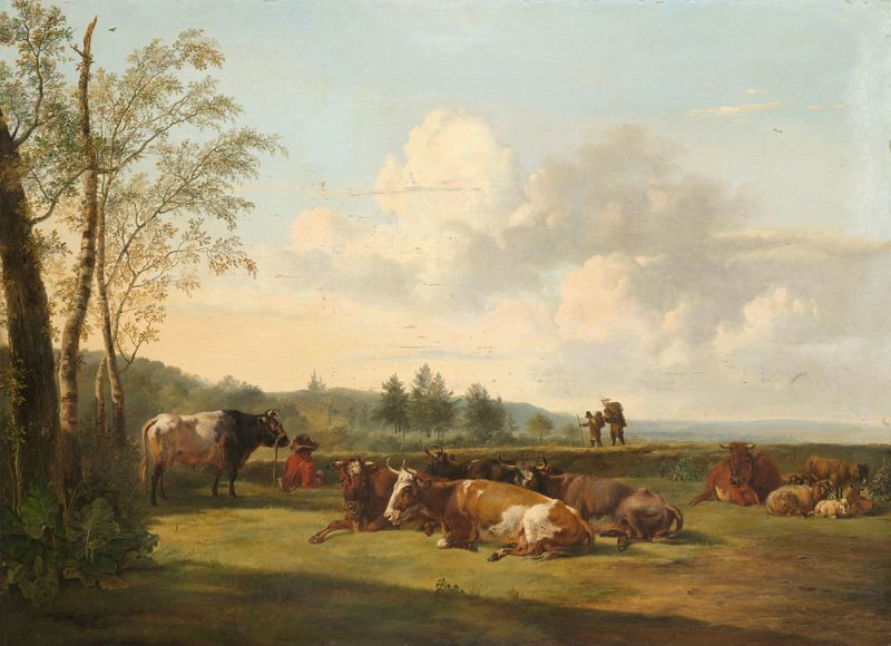 Landscape with Cattle, oil on canvas by Pieter Gerardus van Os, featuring rolling hills and grazing cattle.