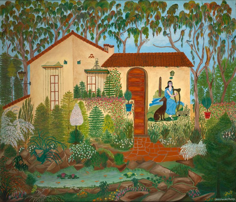 Irish Cottage by Josephine Joy, oil on canvas, depicting a rustic doorway framed by ivy and sunlight.
