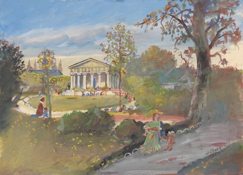 Paisaje de una escena de parque tranquilo con luz y follaje de Oskar Laske, 1950