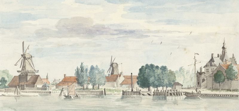 Landscape of Dordrecht with windmills and a pastel sky by Aert Schouman, oil painting.