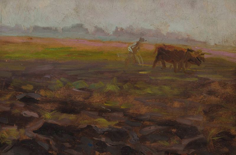 Oil on canvas by Władysław Ostrowski depicting oxen ploughing a field.