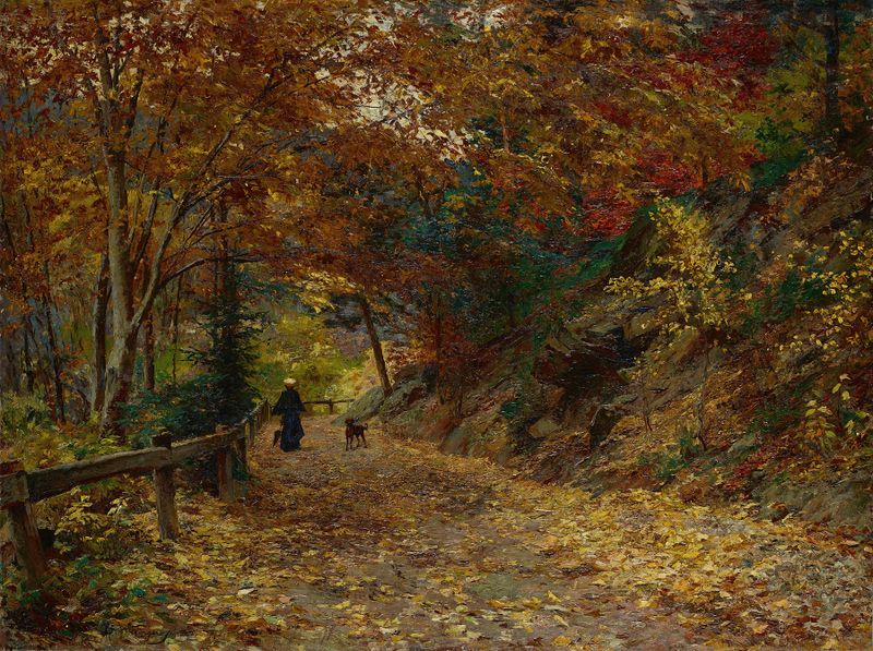 Fallendes Laub, oil on canvas by Olga Wisinger-Florian, depicting autumn leaves in vibrant colors.