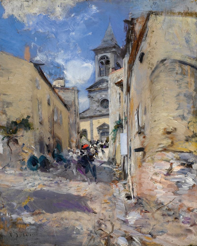 Genre scene depicting a church congregation in an impressionist style by Giovanni Boldini