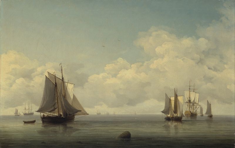 Fishing boats on a calm sea, oil on canvas by Charles Brooking