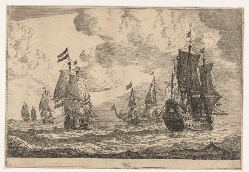 Etching by Reinier Nooms depicting sailing ships on the ocean under an indigo sky
