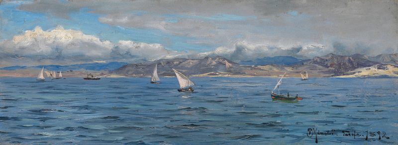 Oil painting by Peder Mørk Mønsted depicting sailing ships at Gibraltar