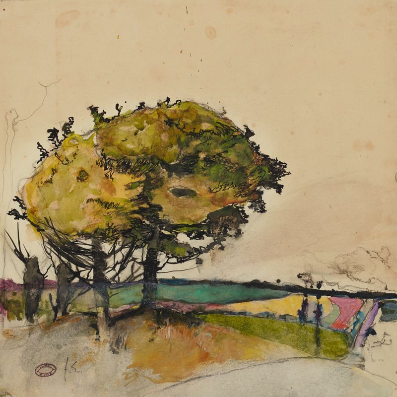 Landscape with trees in fields, oil painting by Florence Esté