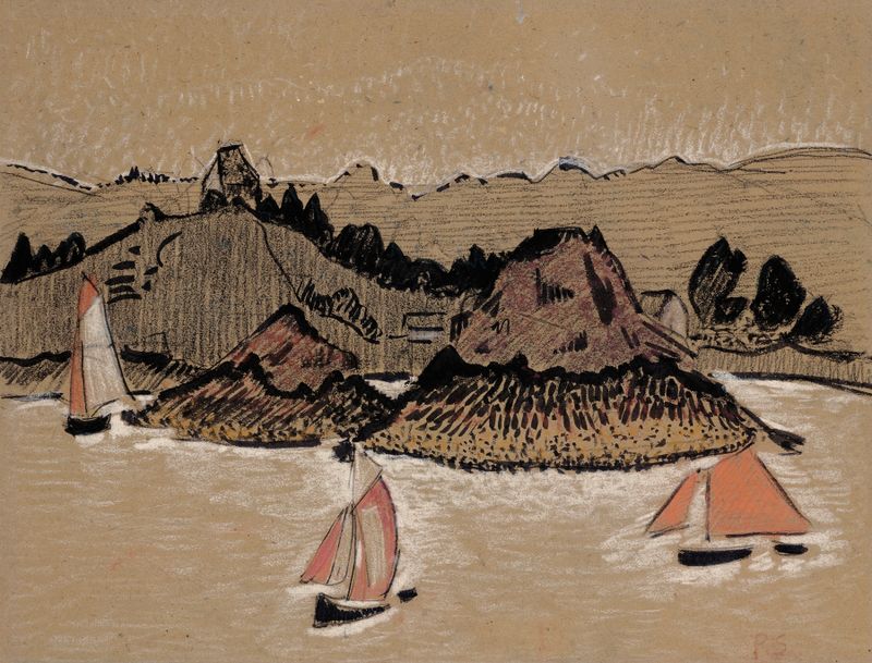 Trois bateaux sur le Trieux by Paul Sérusier, oil painting of three boats on water with trees.