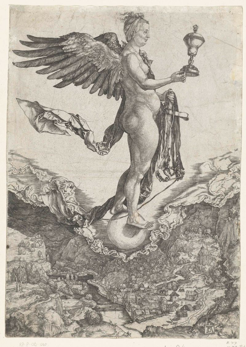 Engraving of Nemesis by Albrecht Dürer, featuring a female figure embodying fate and grief.