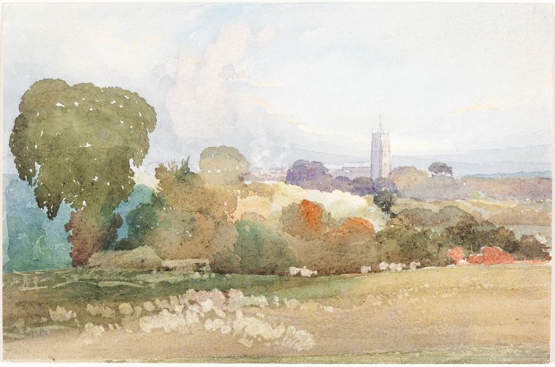 Landscape with Church Steeple, oil on canvas by Rev. James Bulwer, featuring hills and a church at dawn.