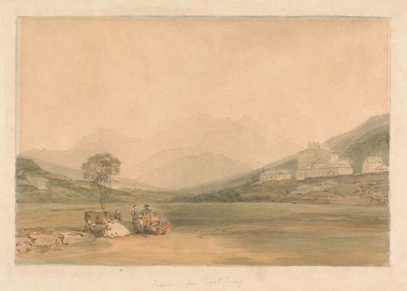 Snowdon from Capel Curig, oil on canvas by Samuel Davis, depicting mountains and forest under a cloudy sky